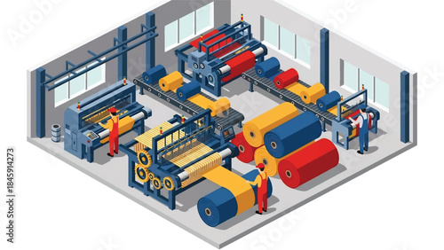 Isometric vector 3D view of a textile manufacturing factory with weaving machines and fabric rolls, representing traditional industry production