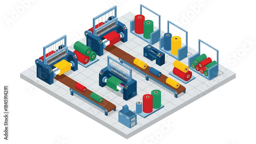 Isometric vector 3D view of a textile manufacturing factory with weaving machines and fabric rolls, representing traditional industry production