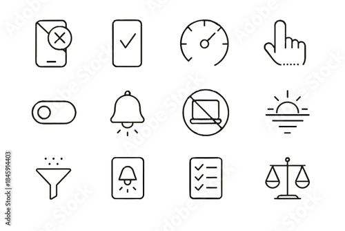 Digital vector filter wellbeing app usage quiet mode icons focus checklist phone