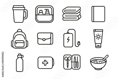 Travel minimalist icon charger clothes toiletry compact vector grooming pouch icons mini