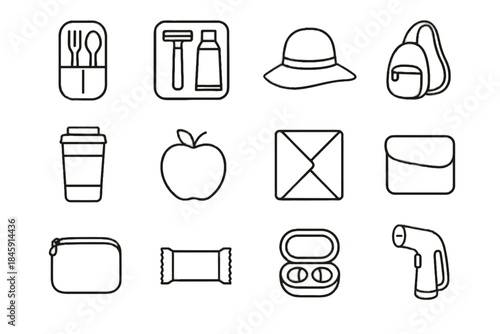 Icon pouch travel cup minimalist steamer vector icons zipper kit napkin bar