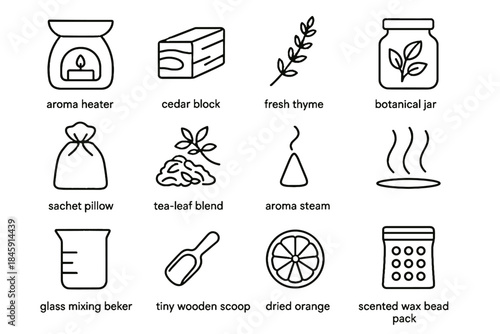 Wooden set vector wheel cone block aromatherapy wood orange mixing jar icon