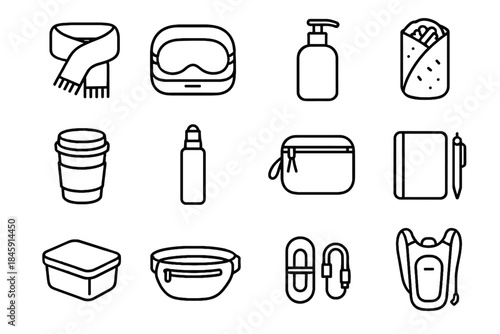 Mini icon travel icons breakfast essentials roller notebook organizer belt vector gentle