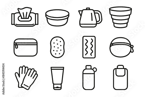 Minimalist travel hygiene icons vector case icon kettle sleeve shape zipper dish