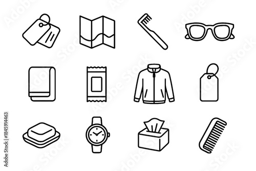 Minimalist icons map jacket vector tissues comb soap icon keycard simple travel