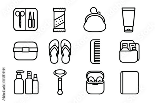 Minimalist pouch kit vector sandals icon planner earbud icons travel pocket compact