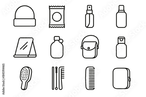 Comb icons grooming compact pack portable travel icon mist water vector essentials