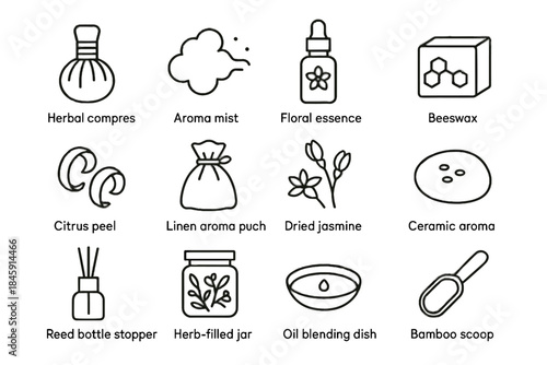 Peel icons aromatherapy icon oil blending stopper pebble dish reed floral vector