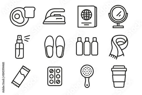 Vector mist icons passport toiletry travel pack essentials icon scarf mirror bar