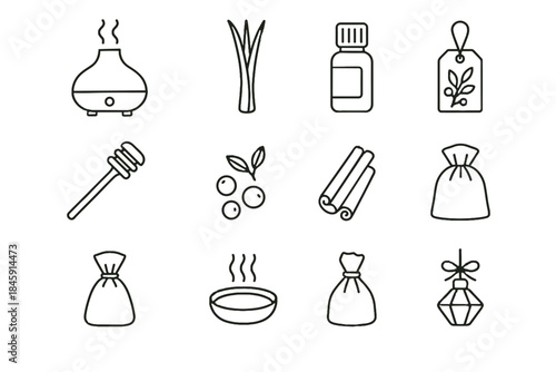 Diffuser dipper lemongrass essential linen fan icons aromatherapy tiny natural vector icon