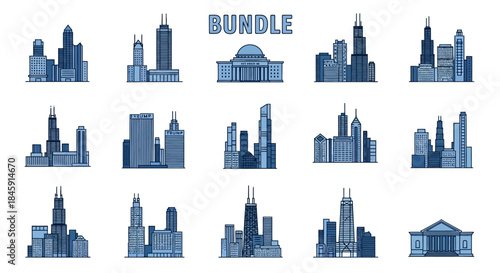 A bundle of 15 detailed line art illustrations featuring various iconic skyscrapers and architectural landmarks, predominantly in blue and white, on a clean background.