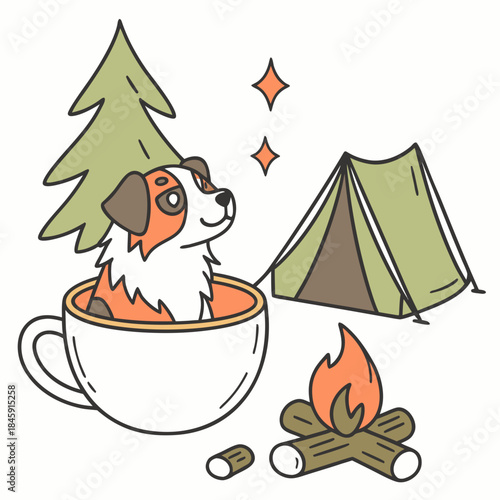 Charming SVG of a Funny Australian Shepherd featuring sitting in a teacup ride, styled in a Camping trip theme with Campfire Glow hues