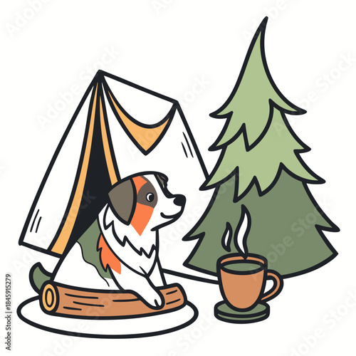 Bashful expression on a Australian Shepherd in a Camping trip theme, with sitting in a teacup ride – Campfire Glow vector art