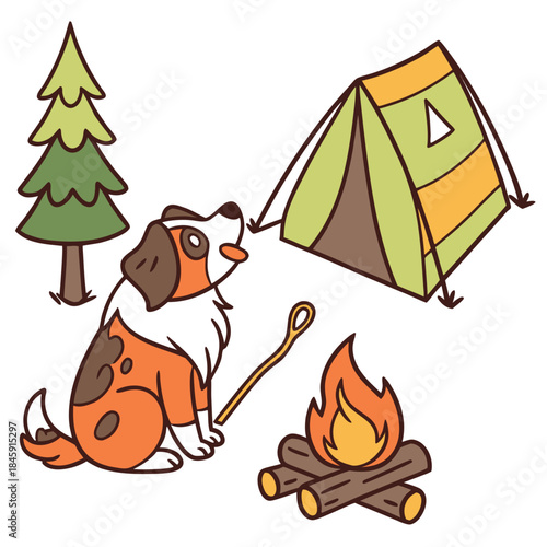 An adorable Australian Shepherd with a Playful vibe, with a balloon, and a Campfire Glow Camping trip theme – SVG style