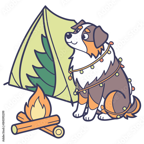 Vector illustration of a Grumpy Australian Shepherd with wrapped in fairy lights, styled in a Camping trip theme using Campfire Glow colors