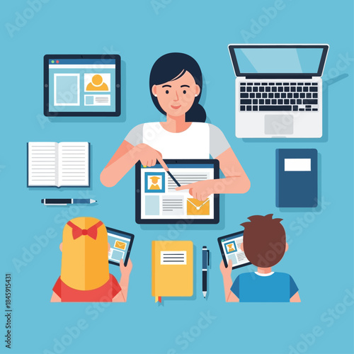 A teacher instructing two students using tablets and other learning tools.