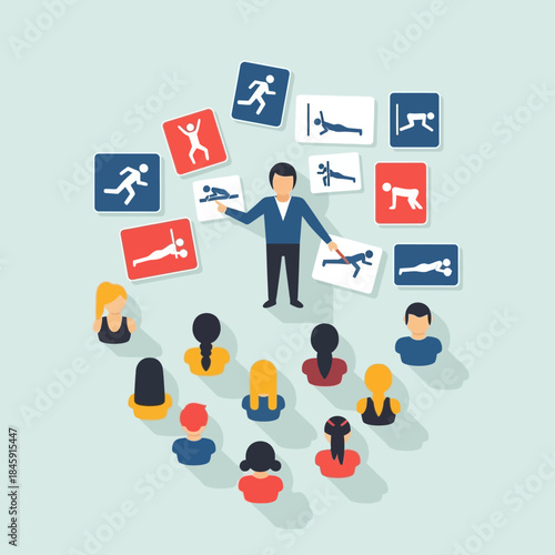 Instructor teaching a group of diverse people various physical exercises using flashcards in a training session.