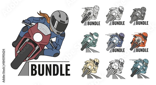 A collection of stylized vector illustrations featuring a motorcycle racer leaning into a turn, available in various color bundles.