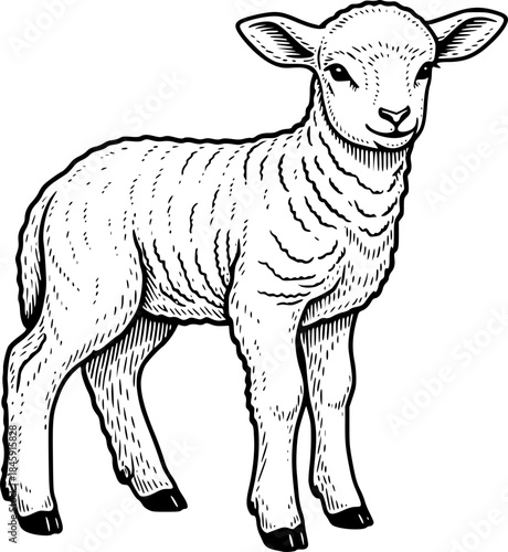 little lamb engraving black and white outline