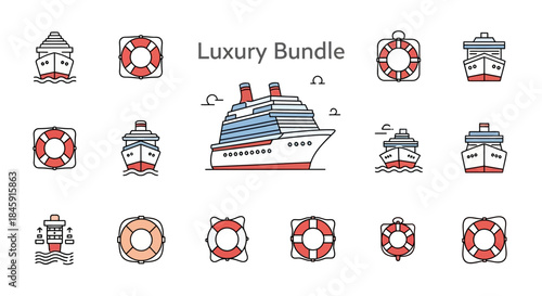 A collection of luxury travel icons featuring various cruise ships and lifebuoys in a clean, modern line art style.