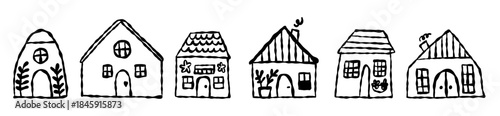 Row of hand drawn houses in Scandinavian doodle style. Simple black line drawing on white background. Vector illustration on an isolated background.
