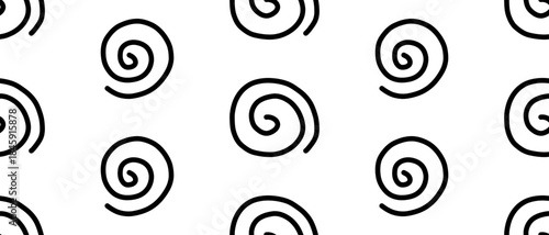 Seamless pattern with black hand drawn spirals on white background. Modern doodle texture adds movement and playful energy. Vector illustration on an isolated background.