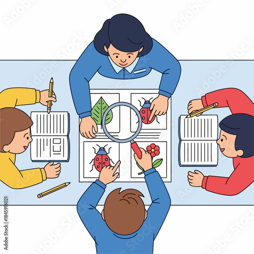 Teacher and students studying nature with magnifying glass and notebooks.