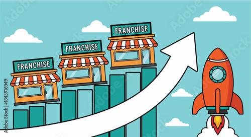 Cartoon illustration of a rocket ship blasting off near franchise storefronts with an upward arrow on a blue background with clouds.