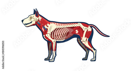 Detailed illustration of a dog's muscular and skeletal system against a clean white background.