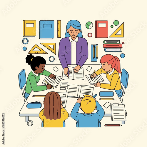 Teacher and diverse students studying together at a table with school supplies.