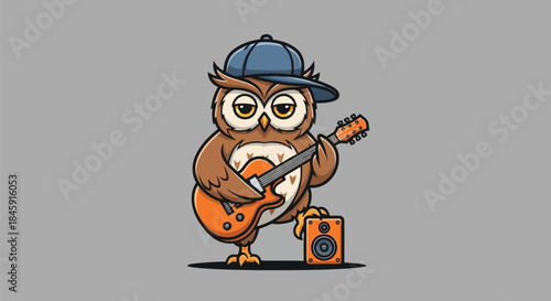 Cartoon owl character playing an orange electric guitar with an amplifier, wearing a blue baseball cap on a gray background.