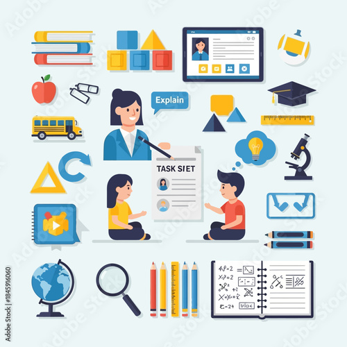 Flat design illustration showcasing various educational elements, school supplies, and learning activities with a teacher and students.