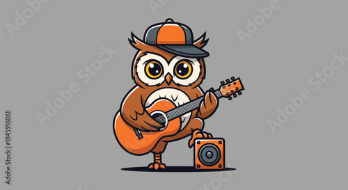 Cartoon owl character playing an electric guitar with a speaker, wearing a cap on a grey background with a vibrant orange color scheme.