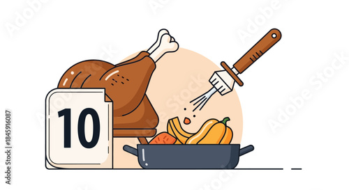 An illustration depicting a roasted turkey leg, a calendar showing the number 10, a pot of vegetables, and cooking utensils, suggesting a meal preparation.