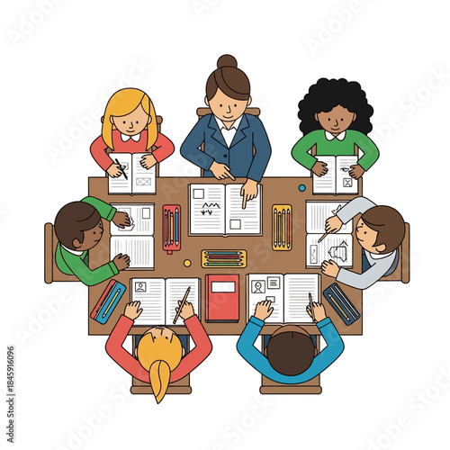 Teacher and diverse students learning together around a table in a classroom setting.