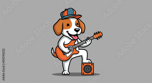 Cartoon beagle dog wearing a hat plays an electric guitar with an amplifier on a gray background in a playful scene.