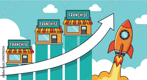 Illustration of a rocket launching upwards with a white arrow, symbolizing business growth and franchise success with a blue sky background and white clouds.
