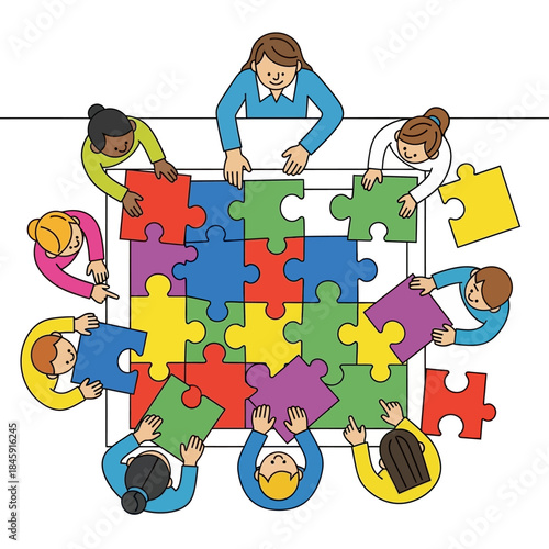 Diverse group of people collaborating to assemble a colorful jigsaw puzzle on a white table, symbolizing teamwork and problem-solving.