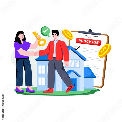 Conceptual flat design illustration of home purchase agreement