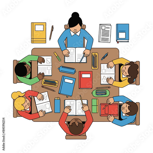 Diverse group of students and teacher studying together around a table in a classroom setting, top-down view illustration.