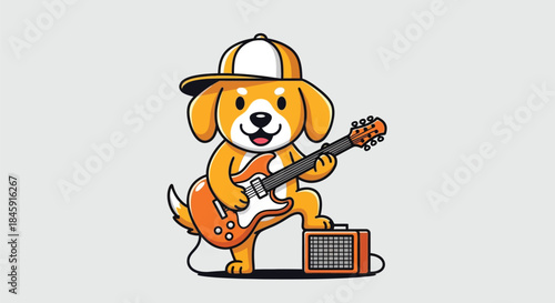 Cartoon dog playing orange electric guitar with amplifier against clean white background.