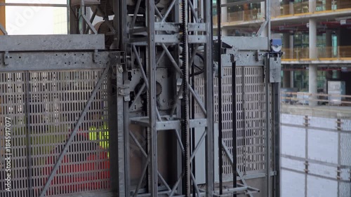 Elevator for material and worker transport on construction site.