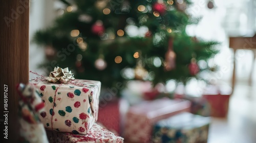 Candid moment of children opening gifts on Christmas morning under decorated tree Generative AI