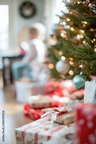 Candid moment on Christmas morning with gifts and a decorated tree Generative AI