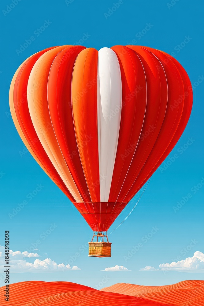 Fototapeta premium Heart shaped hot air balloon floats in clear blue sky above red sand dunes