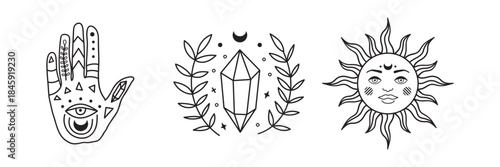 Mystical hand, crystal and sun with celestial face. Vintage esoteric vector illustration featuring boho line art, astrology symbols, and retro tarot design elements. Vector illustration