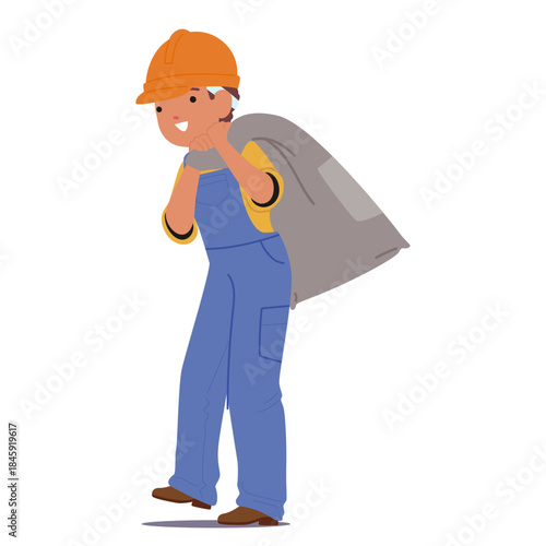 Little boy child cartoon character in hard hat and workwear carrying sack with building material