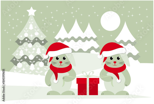 bunnies with caps and scarves and gift in snowy landscape