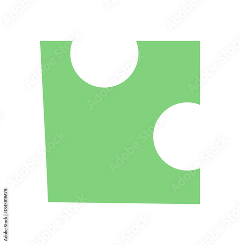 Green jigsaw puzzle silhouette in flat style. Graphic depiction of a classic tile piece from popular table or boardgame. Bright concept of play or toy, promoting fun and strategy activities.