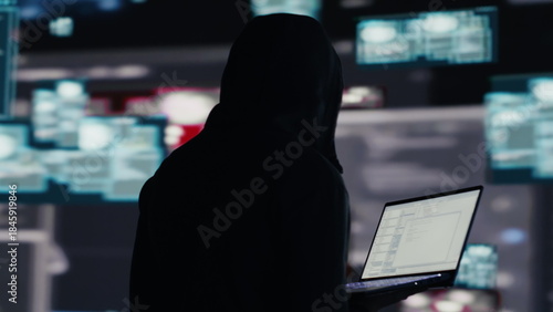 Professional spy compromising cyber security through malware and viruses, digital threat of hacking with unauthorized intrusion into secure networks. Leading to quantum threat and risk. Camera A.